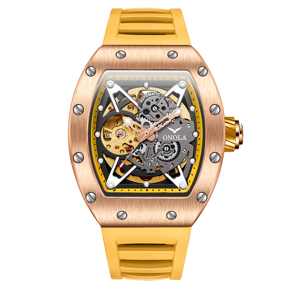 ONOLA-3838 Men's Barrel Mechanical Watch - Hollow dial, glowing, 30 meter waterproof