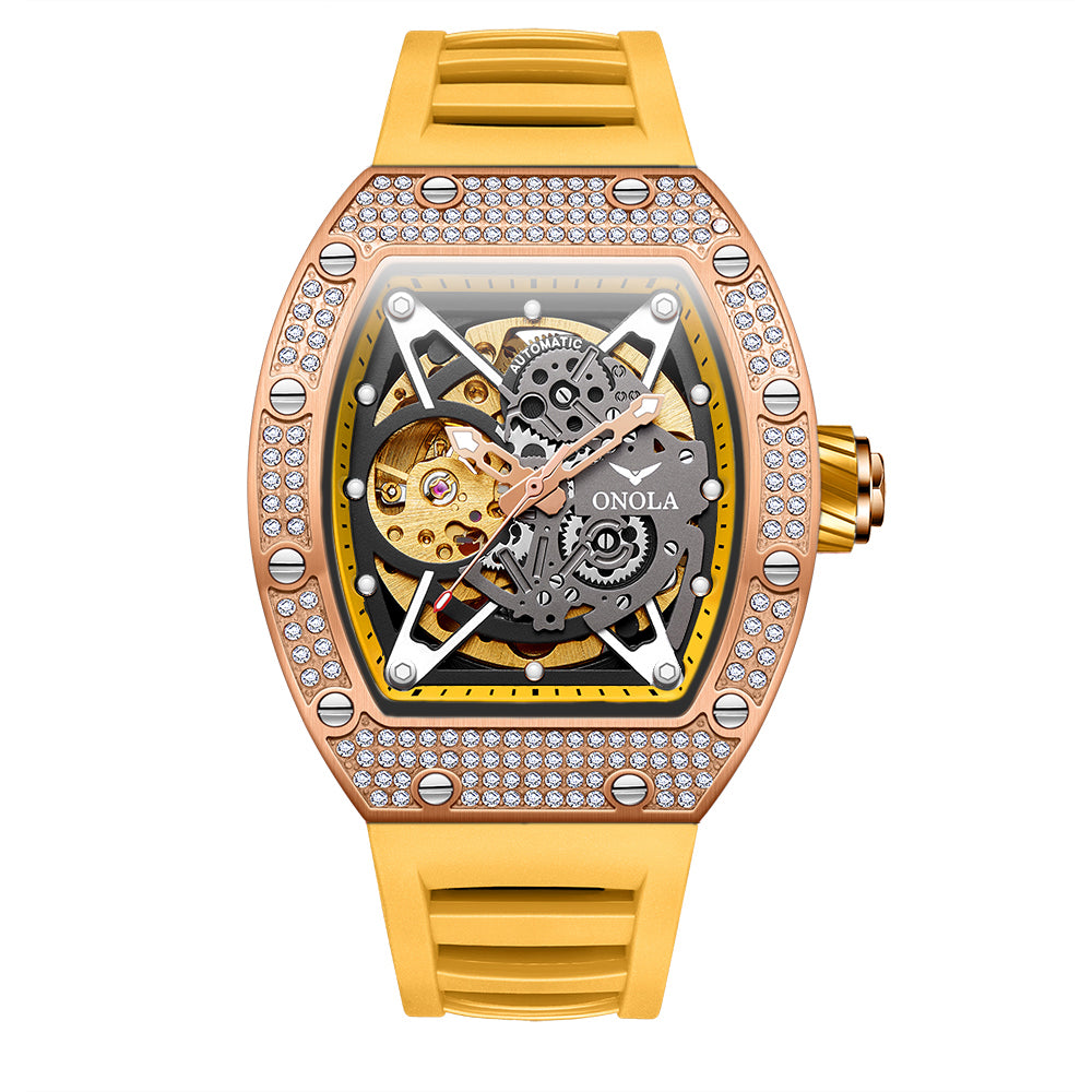 ONOLA-3838D men's mechanical watch, barrel shaped design, 30 meter waterproof, casual sports style, hollowed out tourbillon watch, perfect gift