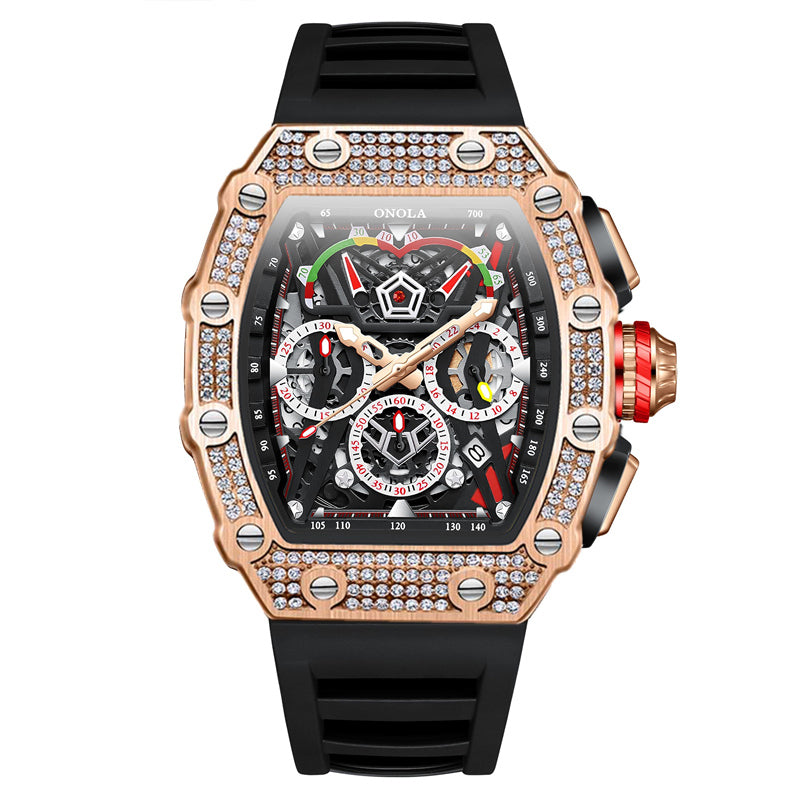 ONOLA-6827Q Men's Wine Barrel Quartz Watch with Fine Diamond Decoration and Calendar Function