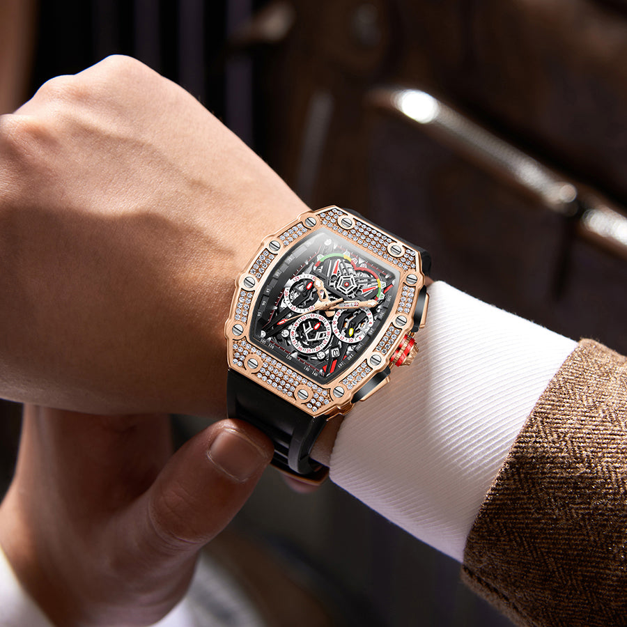 ONOLA-6827Q Men's Wine Barrel Quartz Watch with Fine Diamond Decoration and Calendar Function