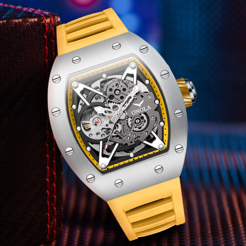 ONOLA-3838 Men's Barrel Mechanical Watch - Hollow dial, glowing, 30 meter waterproof