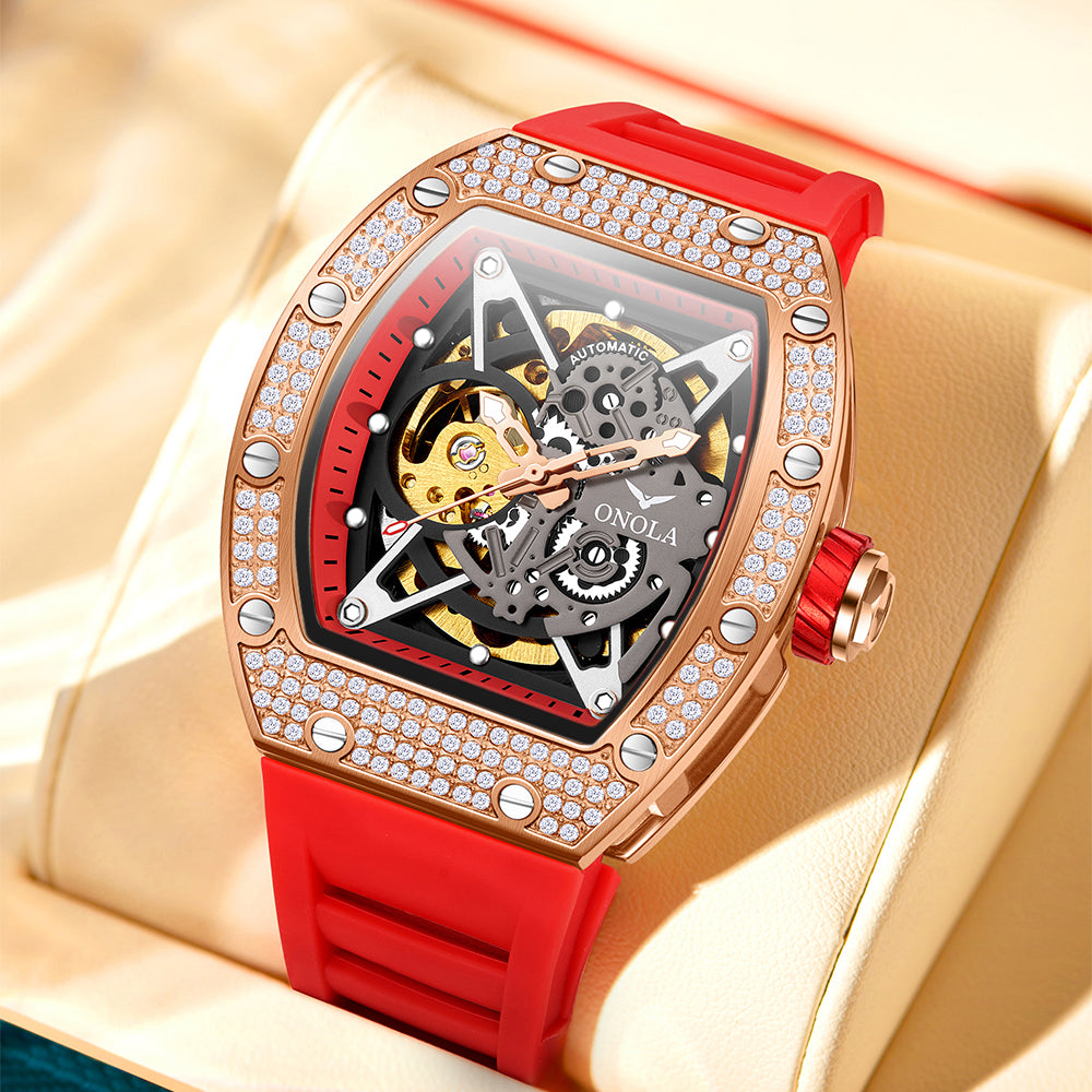 ONOLA-3838D men's mechanical watch, barrel shaped design, 30 meter waterproof, casual sports style, hollowed out tourbillon watch, perfect gift