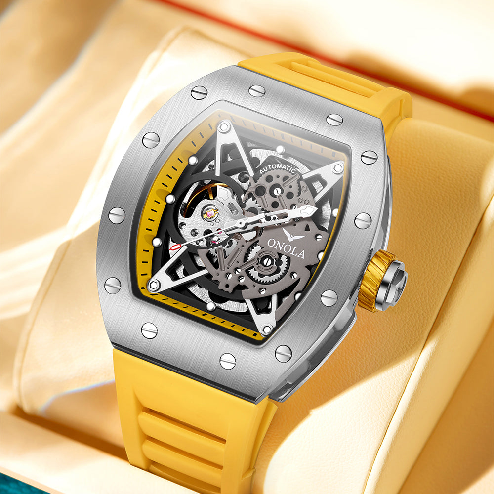 ONOLA-3838 Men's Barrel Mechanical Watch - Hollow dial, glowing, 30 meter waterproof
