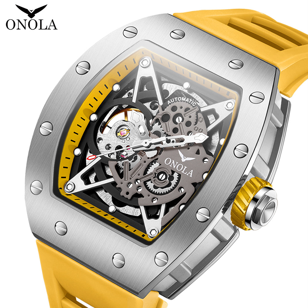 ONOLA-3838 Men's Barrel Mechanical Watch - Hollow dial, glowing, 30 meter waterproof