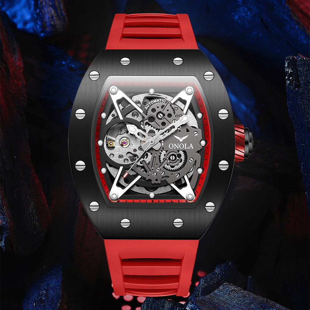 ONOLA-3838 Men's Barrel Mechanical Watch - Hollow dial, glowing, 30 meter waterproof