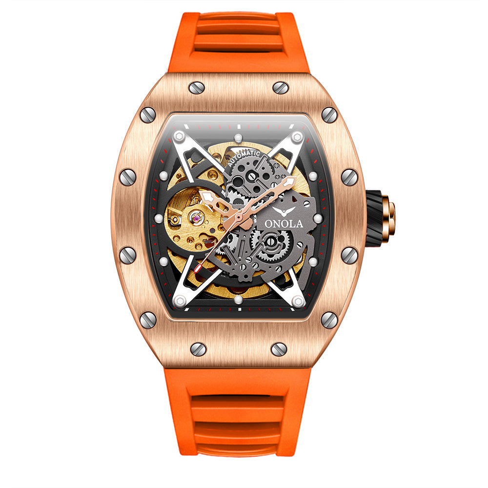 ONOLA-3838 Men's Barrel Mechanical Watch - Hollow dial, glowing, 30 meter waterproof