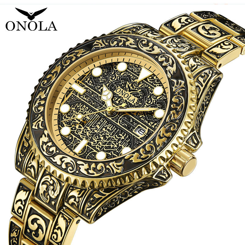 ONOLA-3830 men's vintage quartz watch with exquisite relief pattern, suitable for daily wear and as a thoughtful gift