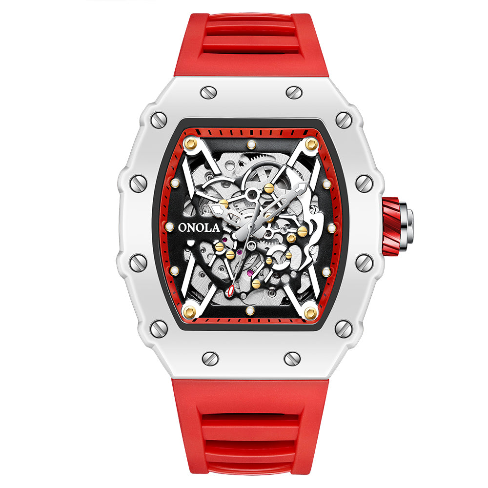 ONOLA-3829W Men's Hollow Automatic Tourbillon Mechanical Watch, Wine Bucket Style, Fashion Sports Style