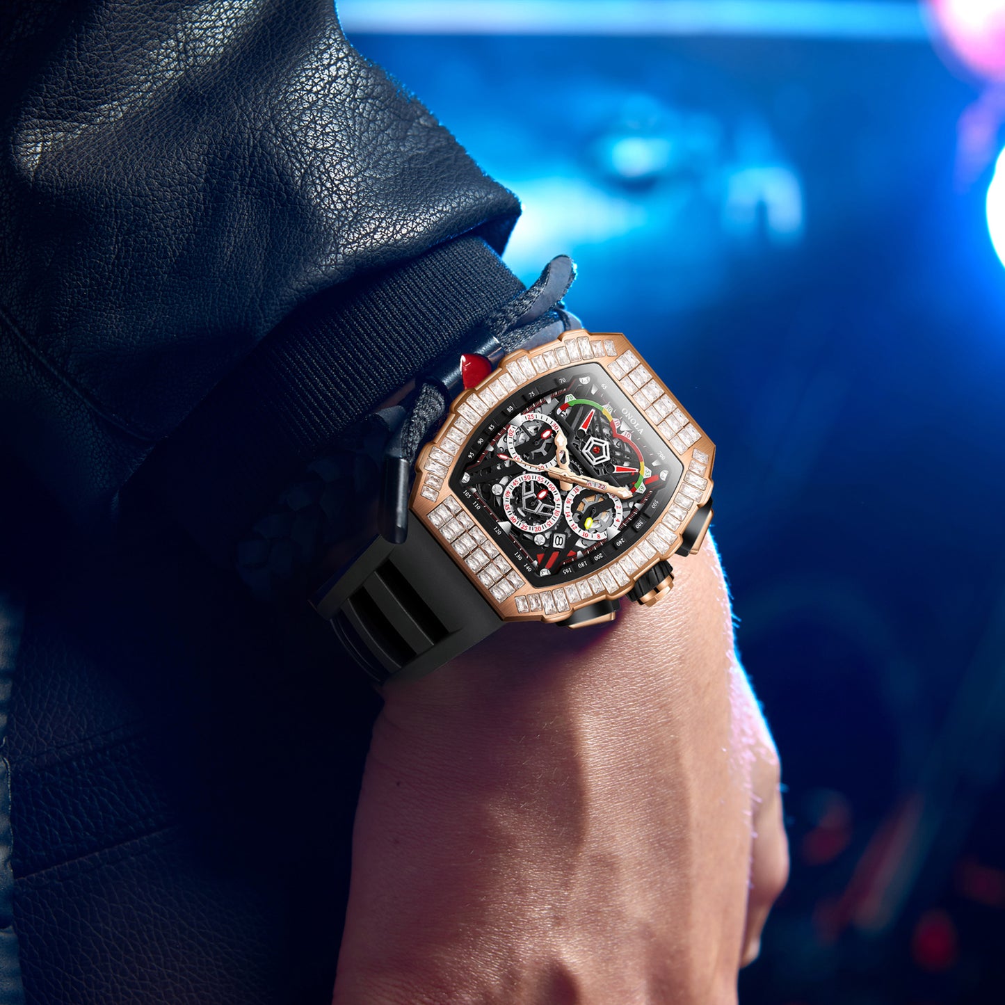 ONOLA-6827F Men's Fashion Hollow Mechanical Watch with sequin decoration on the surface