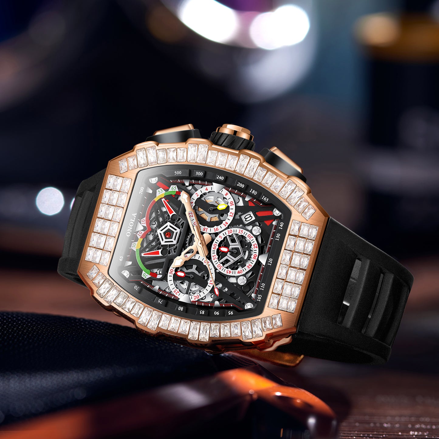 ONOLA-6827F Men's Fashion Hollow Mechanical Watch with sequin decoration on the surface