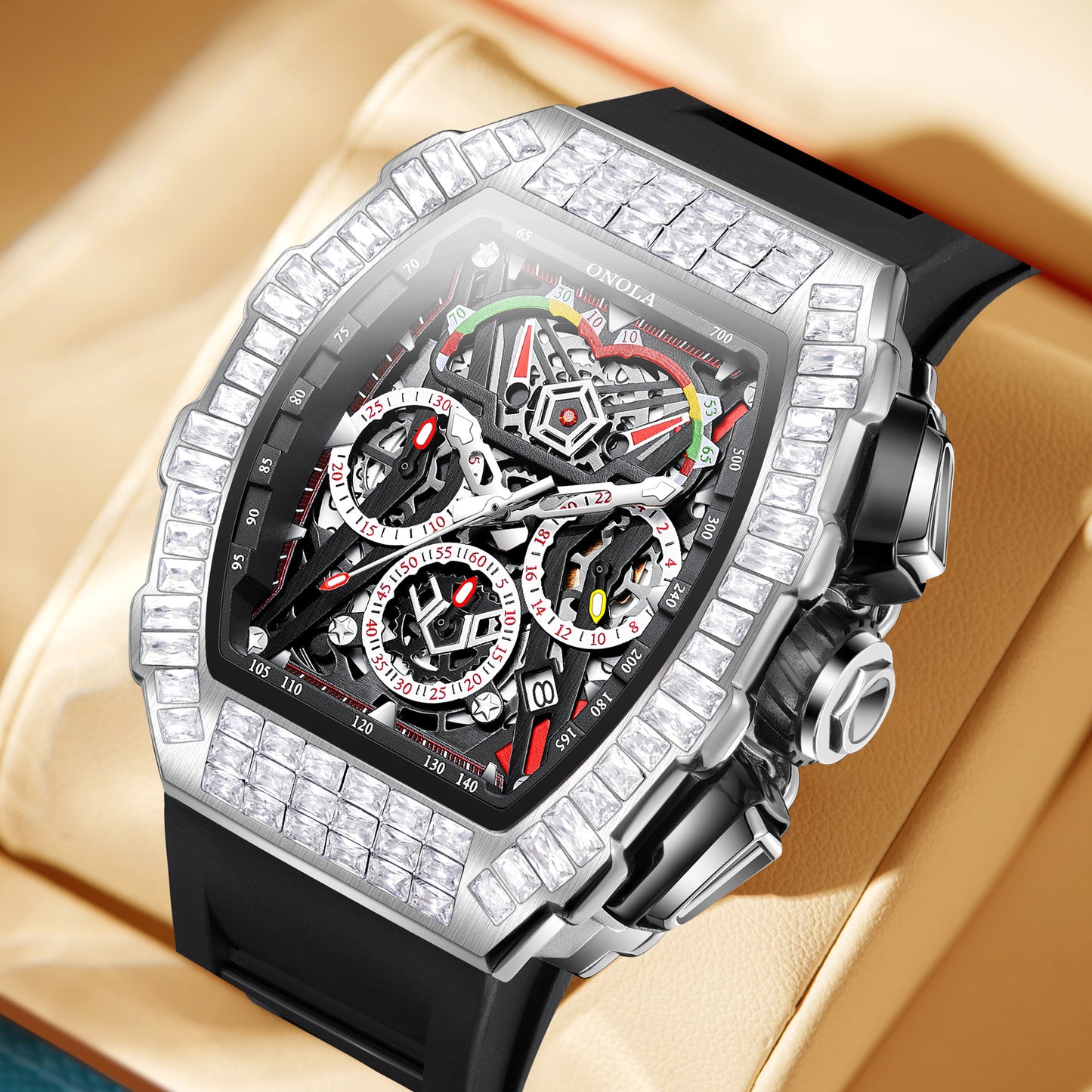 ONOLA-6827F Men's Fashion Hollow Mechanical Watch with sequin decoration on the surface