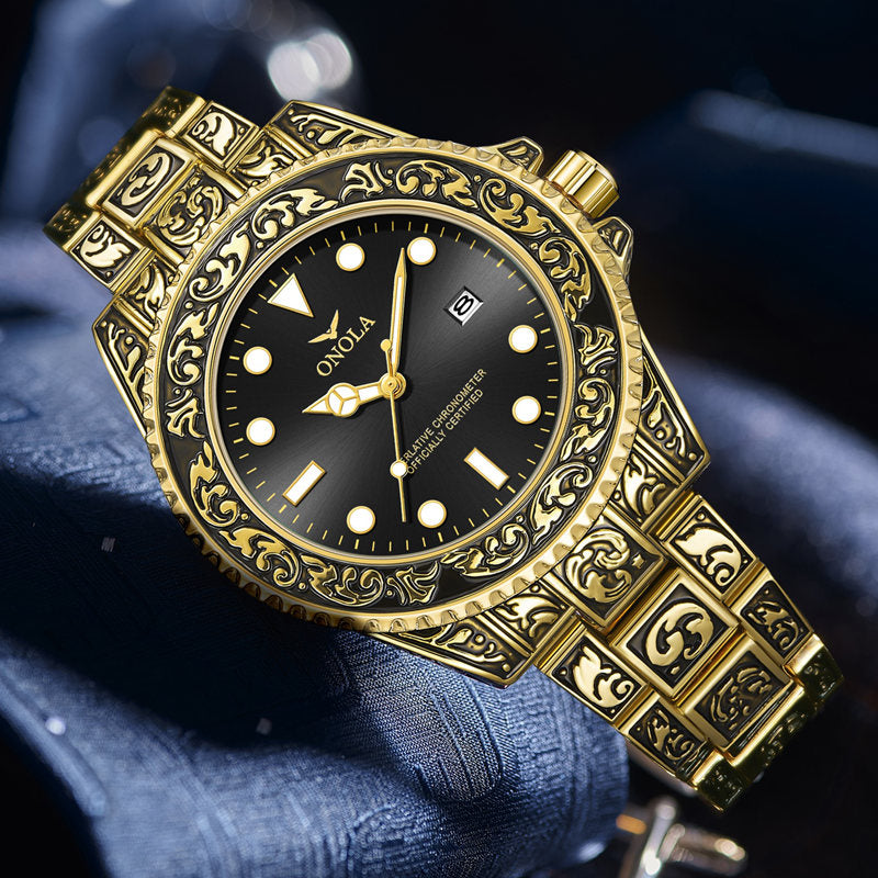 ONOLA-3830 men's vintage quartz watch with exquisite relief pattern, suitable for daily wear and as a thoughtful gift