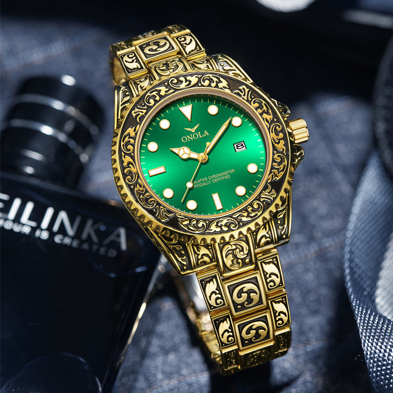 ONOLA-3830 men's vintage quartz watch with exquisite relief pattern, suitable for daily wear and as a thoughtful gift