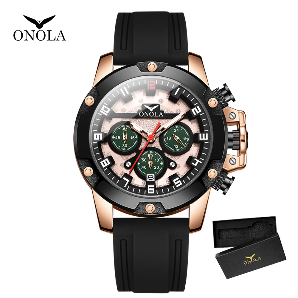 ONOLA-6858 Men's Sports Quartz Watch Multi functional Chronograph Night Light Waterproof, Suitable for Business Meetings and Outdoor Activities Wearing
