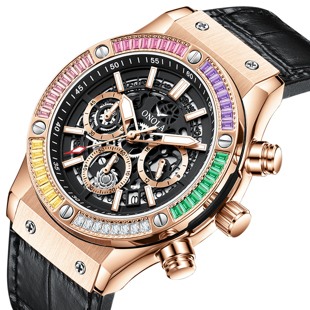 ONOLA-6855 men's multifunctional quartz chronograph watch, decorated with rainbow diamonds, perfect gift choice for holidays