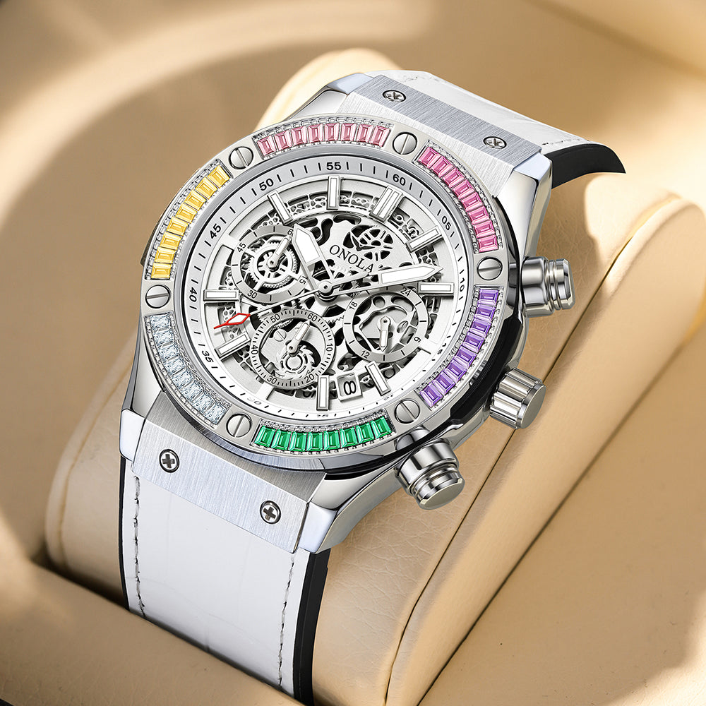 ONOLA-6855 men's multifunctional quartz chronograph watch, decorated with rainbow diamonds, perfect gift choice for holidays