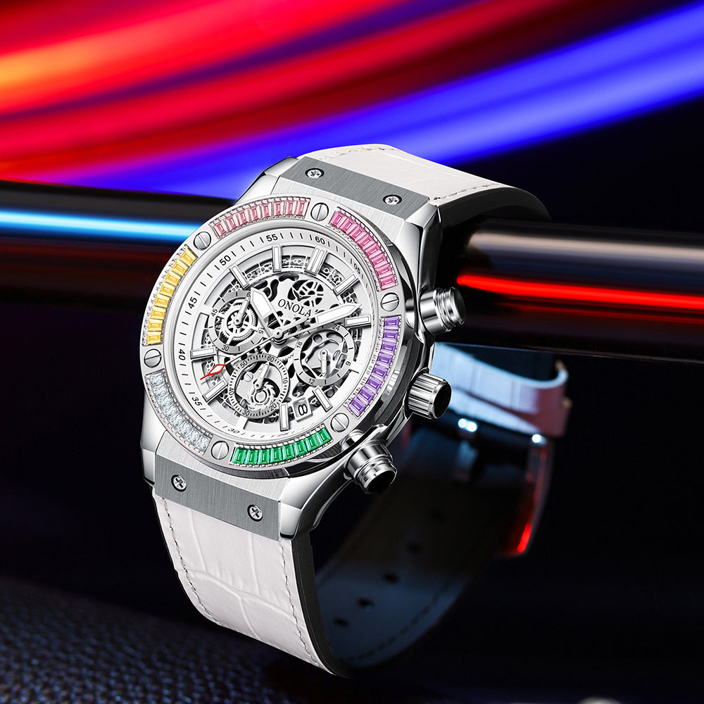 ONOLA-6855 men's multifunctional quartz chronograph watch, decorated with rainbow diamonds, perfect gift choice for holidays