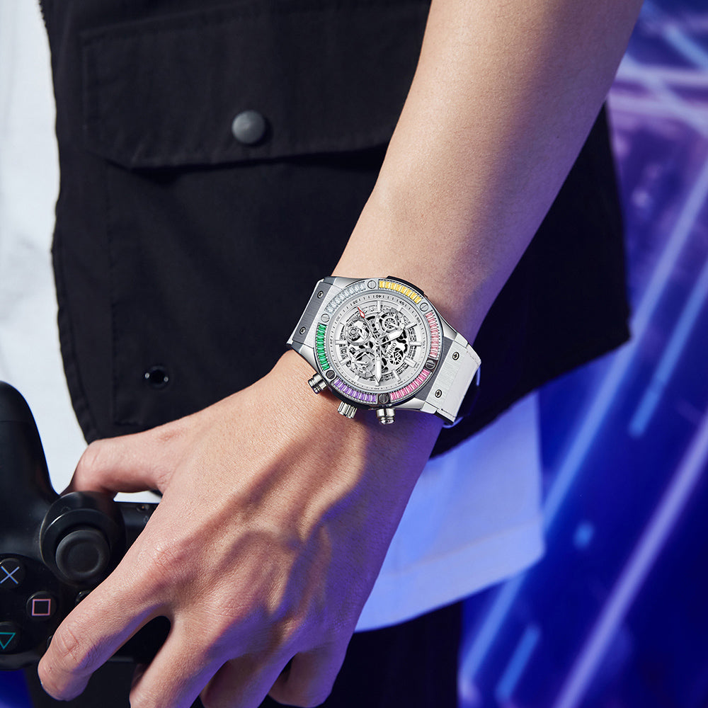 ONOLA-6855 men's multifunctional quartz chronograph watch, decorated with rainbow diamonds, perfect gift choice for holidays