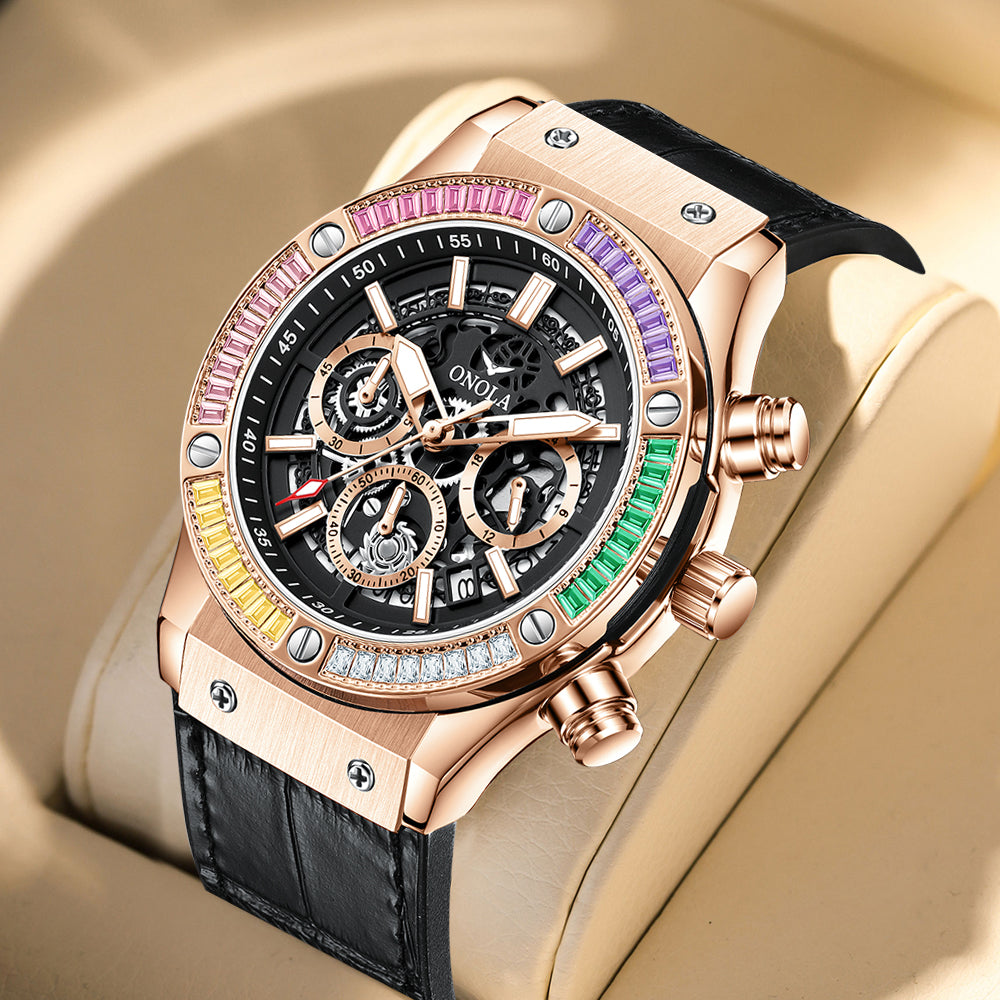 ONOLA-6855 men's multifunctional quartz chronograph watch, decorated with rainbow diamonds, perfect gift choice for holidays
