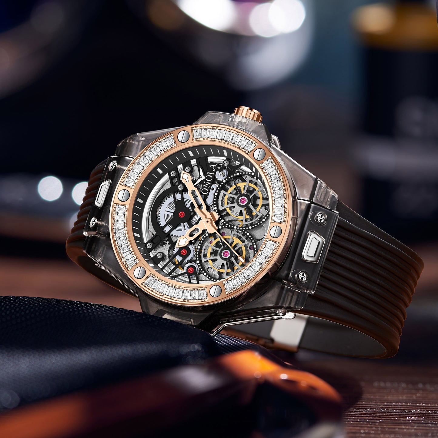 ONOLA-3835D Fashion Sports Mechanical Watch - Waterproof, Case with Flash Diamonds, Perfect Gift Choice
