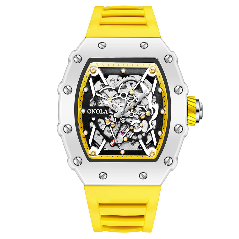 ONOLA-3829W Men's Hollow Automatic Tourbillon Mechanical Watch, Wine Bucket Style, Fashion Sports Style