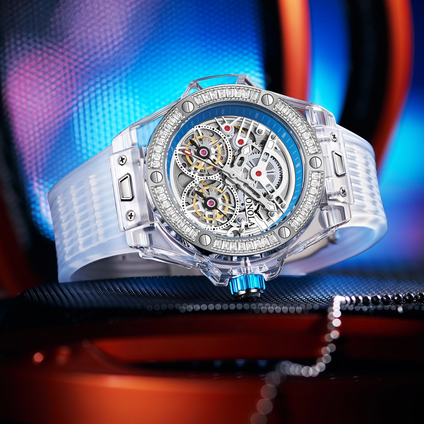 ONOLA-3835D Fashion Sports Mechanical Watch - Waterproof, Case with Flash Diamonds, Perfect Gift Choice