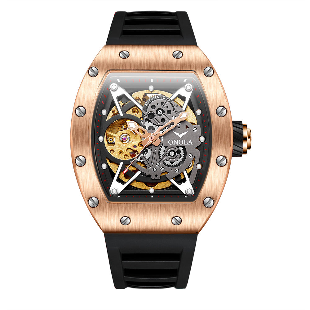 ONOLA-3838 Men's Barrel Mechanical Watch - Hollow dial, glowing, 30 meter waterproof