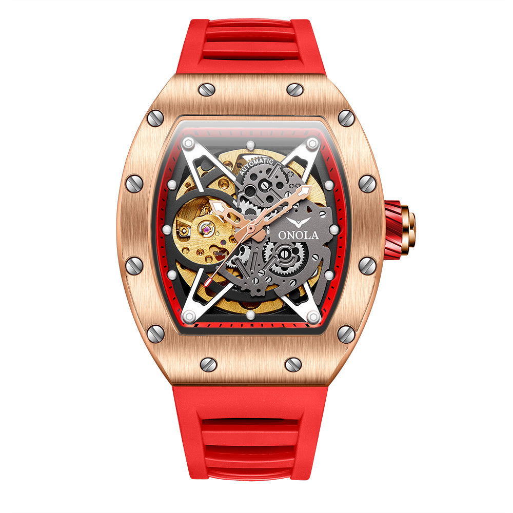 ONOLA-3838 Men's Barrel Mechanical Watch - Hollow dial, glowing, 30 meter waterproof