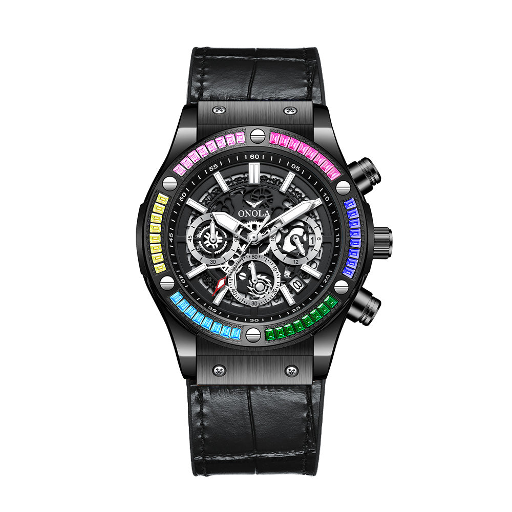 ONOLA-6855 men's multifunctional quartz chronograph watch, decorated with rainbow diamonds, perfect gift choice for holidays