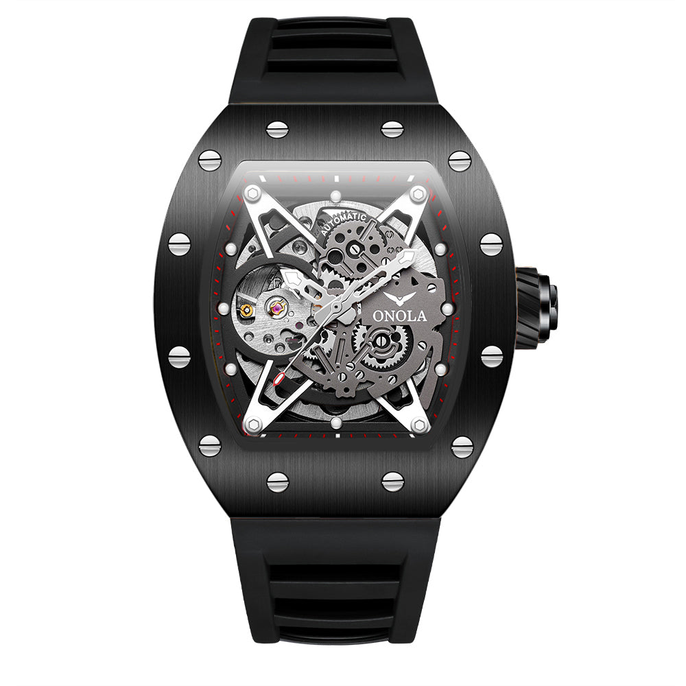 ONOLA-3838 Men's Barrel Mechanical Watch - Hollow dial, glowing, 30 meter waterproof