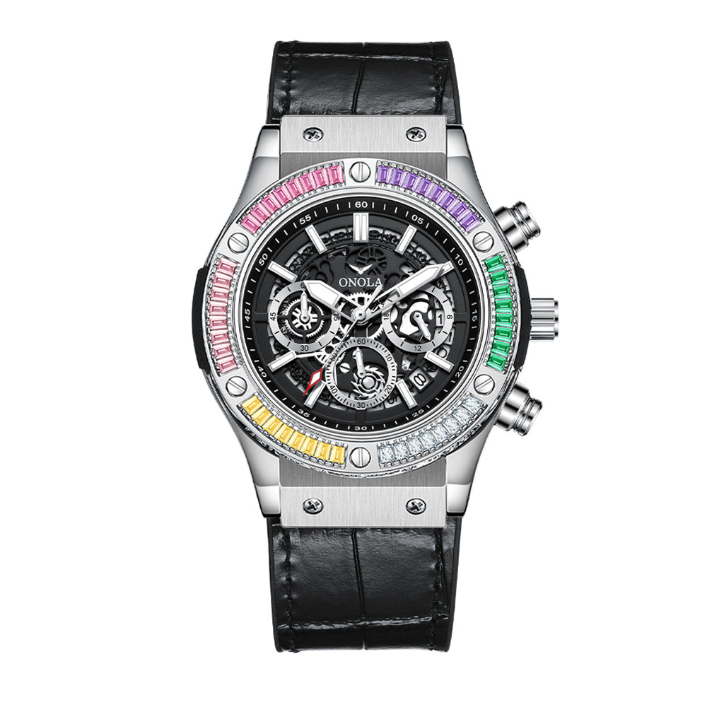 ONOLA-6855 men's multifunctional quartz chronograph watch, decorated with rainbow diamonds, perfect gift choice for holidays