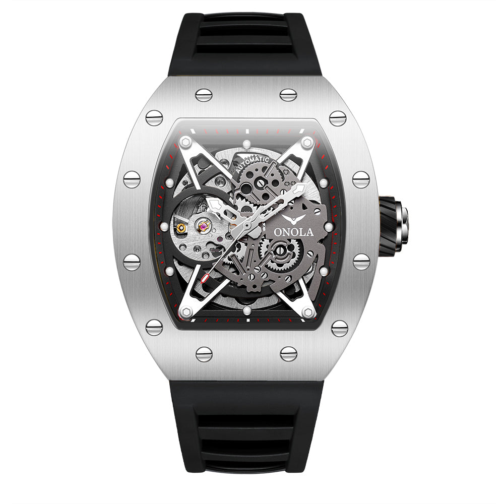 ONOLA-3838 Men's Barrel Mechanical Watch - Hollow dial, glowing, 30 meter waterproof