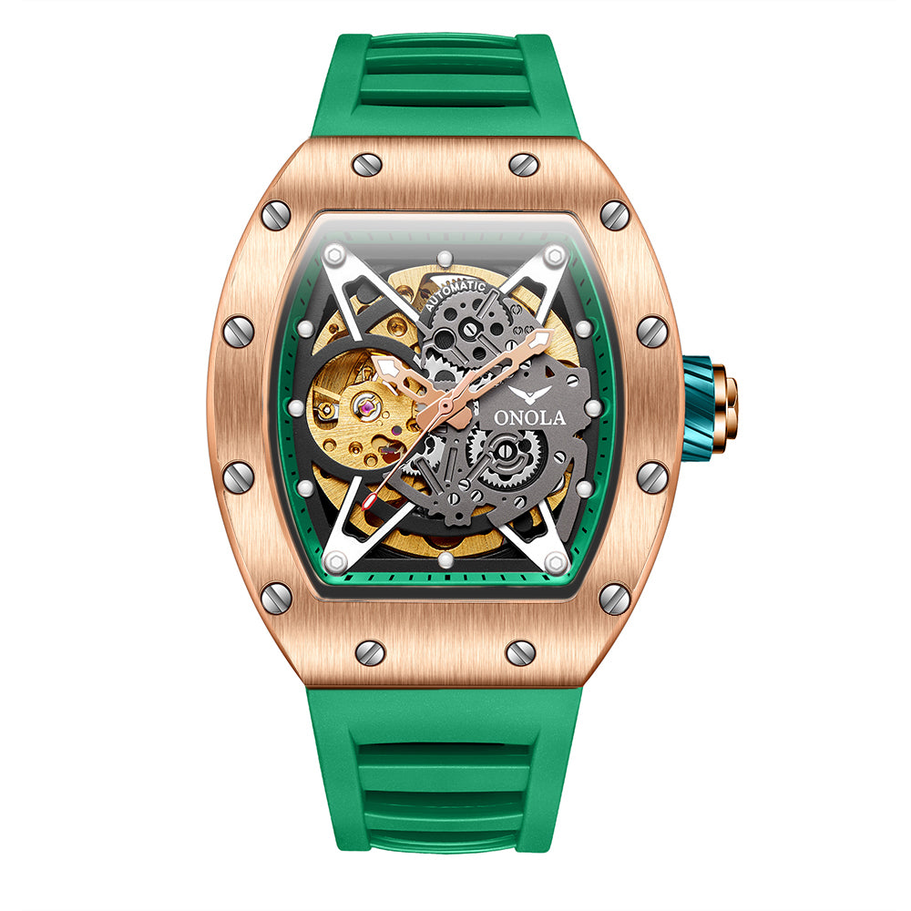 ONOLA-3838 Men's Barrel Mechanical Watch - Hollow dial, glowing, 30 meter waterproof