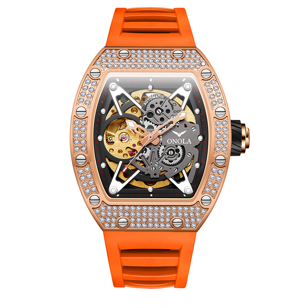 ONOLA-3838D men's mechanical watch, barrel shaped design, 30 meter waterproof, casual sports style, hollowed out tourbillon watch, perfect gift