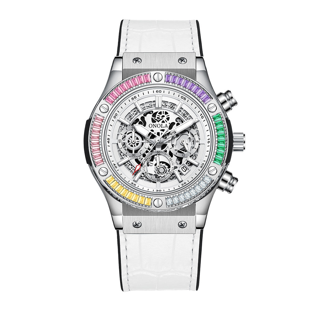 ONOLA-6855 men's multifunctional quartz chronograph watch, decorated with rainbow diamonds, perfect gift choice for holidays