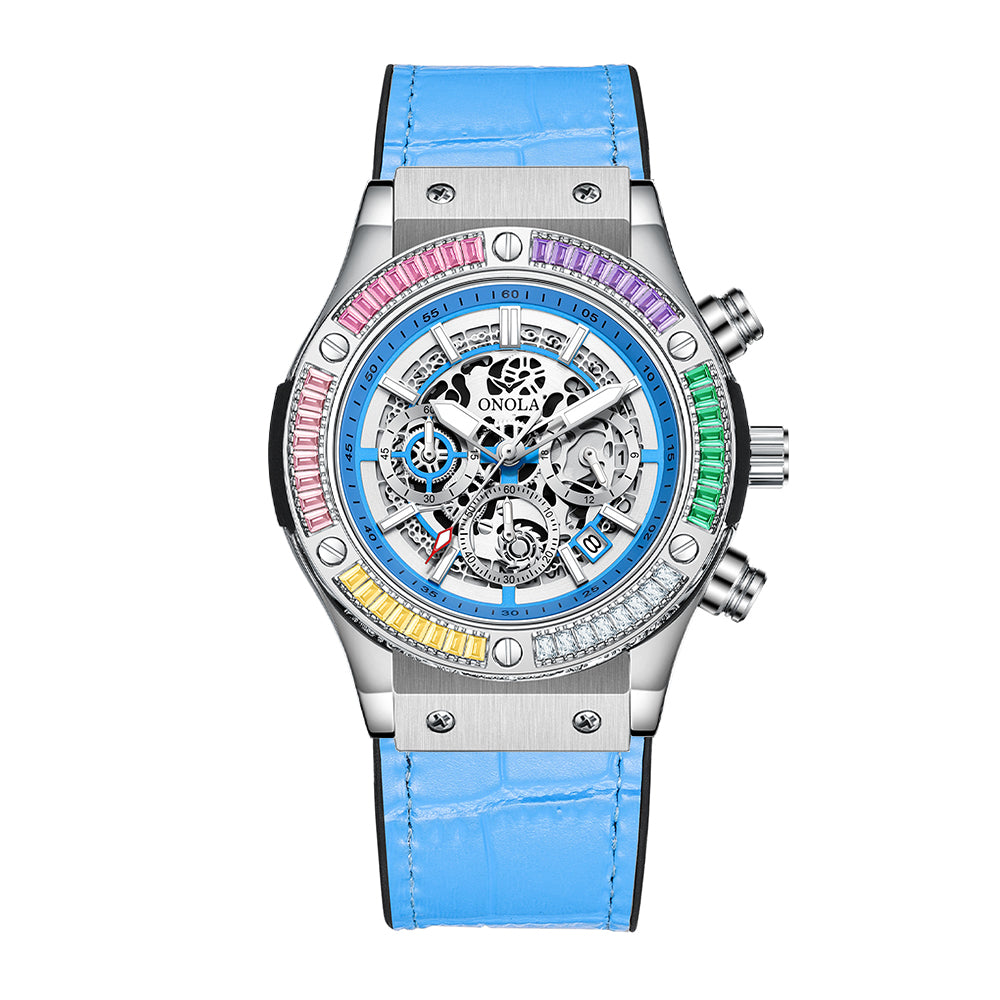 ONOLA-6855 men's multifunctional quartz chronograph watch, decorated with rainbow diamonds, perfect gift choice for holidays