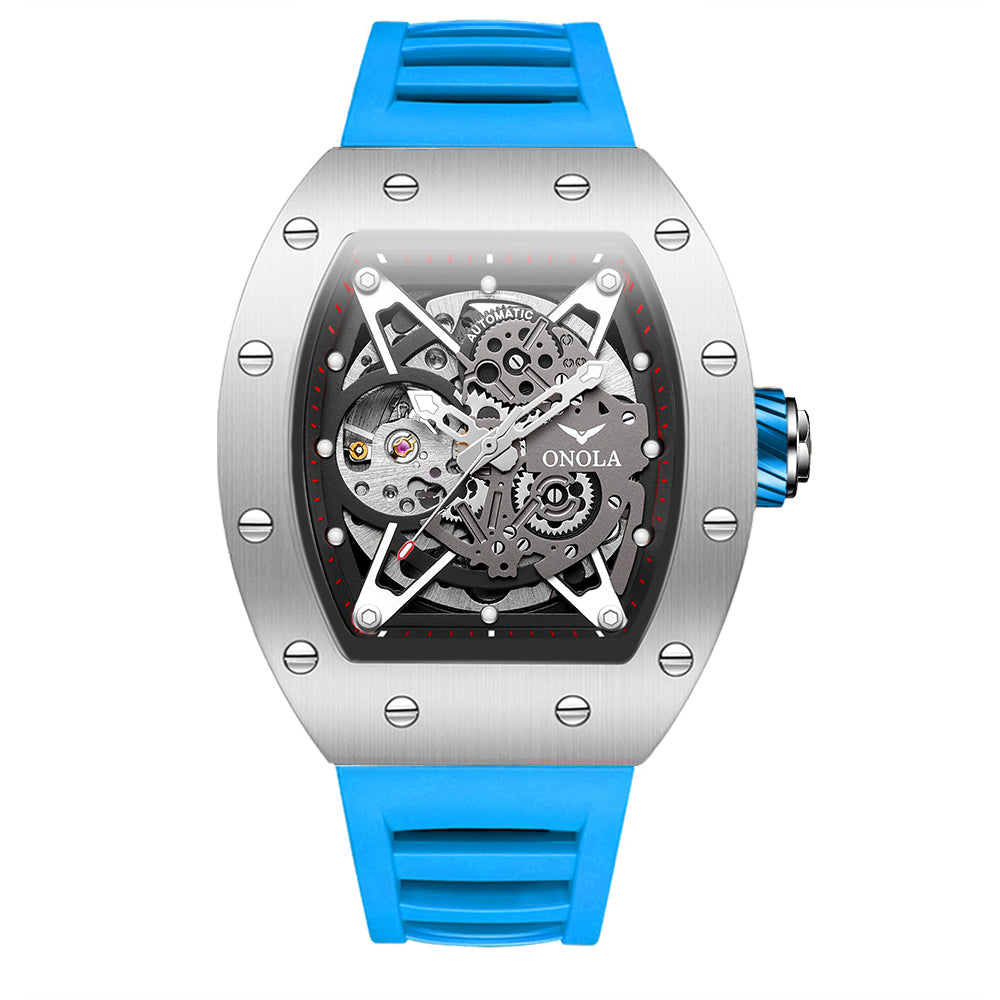 ONOLA-3838 Men's Barrel Mechanical Watch - Hollow dial, glowing, 30 meter waterproof
