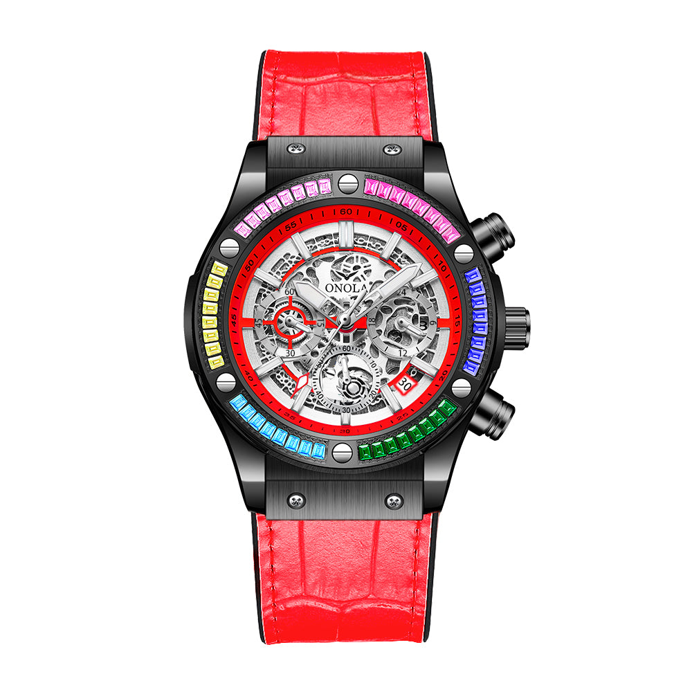ONOLA-6855 men's multifunctional quartz chronograph watch, decorated with rainbow diamonds, perfect gift choice for holidays
