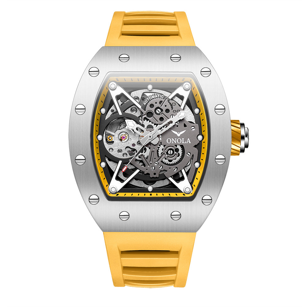 ONOLA-3838 Men's Barrel Mechanical Watch - Hollow dial, glowing, 30 meter waterproof