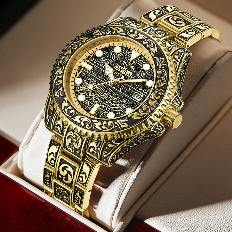 ONOLA-3830 men's vintage quartz watch with exquisite relief pattern, suitable for daily wear and as a thoughtful gift