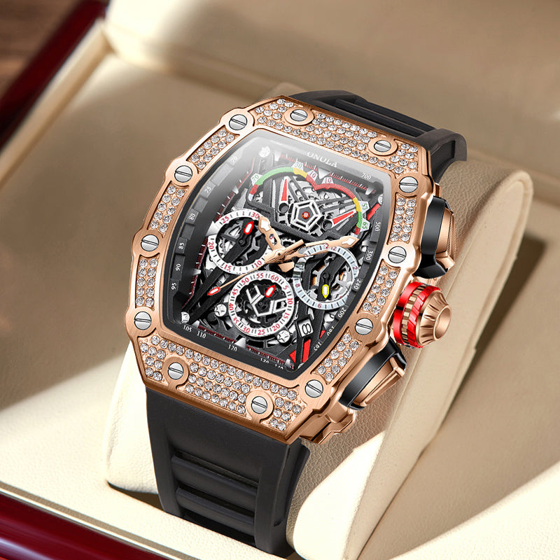 ONOLA-6827Q Men's Wine Barrel Quartz Watch with Fine Diamond Decoration and Calendar Function