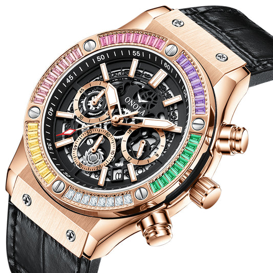ONOLA-6855 men's multifunctional quartz chronograph watch, decorated with rainbow diamonds, perfect gift choice for holidays