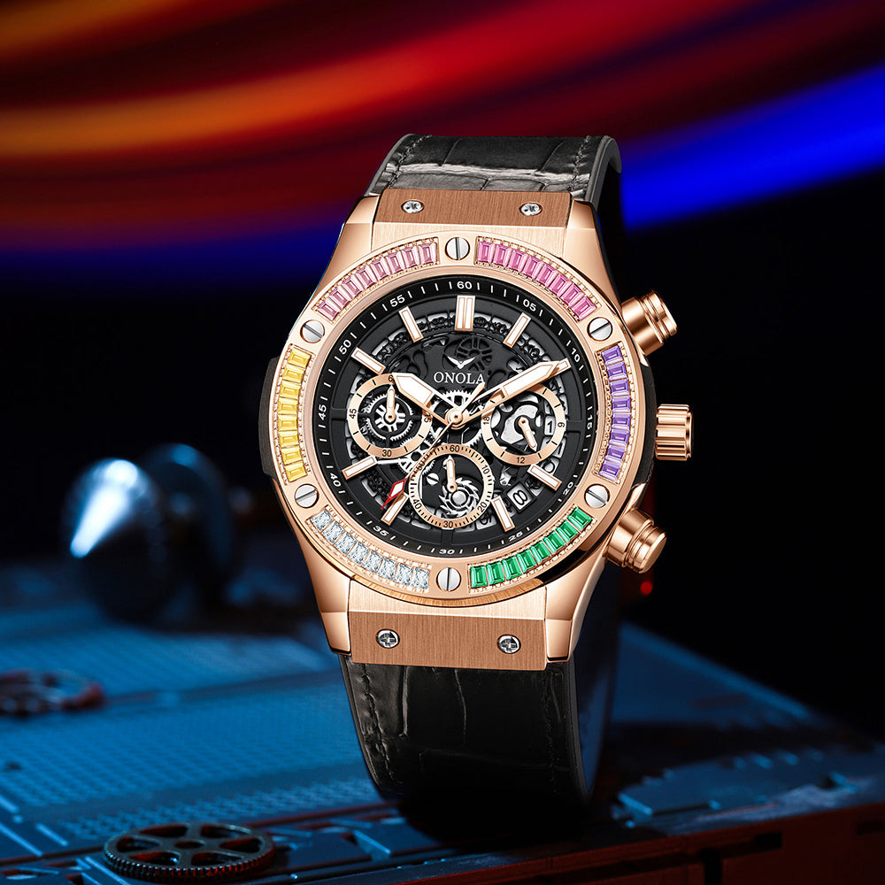 ONOLA-6855 men's multifunctional quartz chronograph watch, decorated with rainbow diamonds, perfect gift choice for holidays