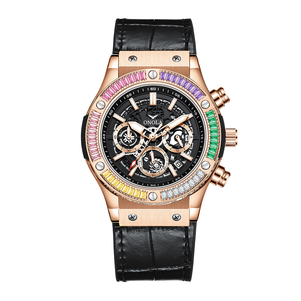 ONOLA-6855 men's multifunctional quartz chronograph watch, decorated with rainbow diamonds, perfect gift choice for holidays