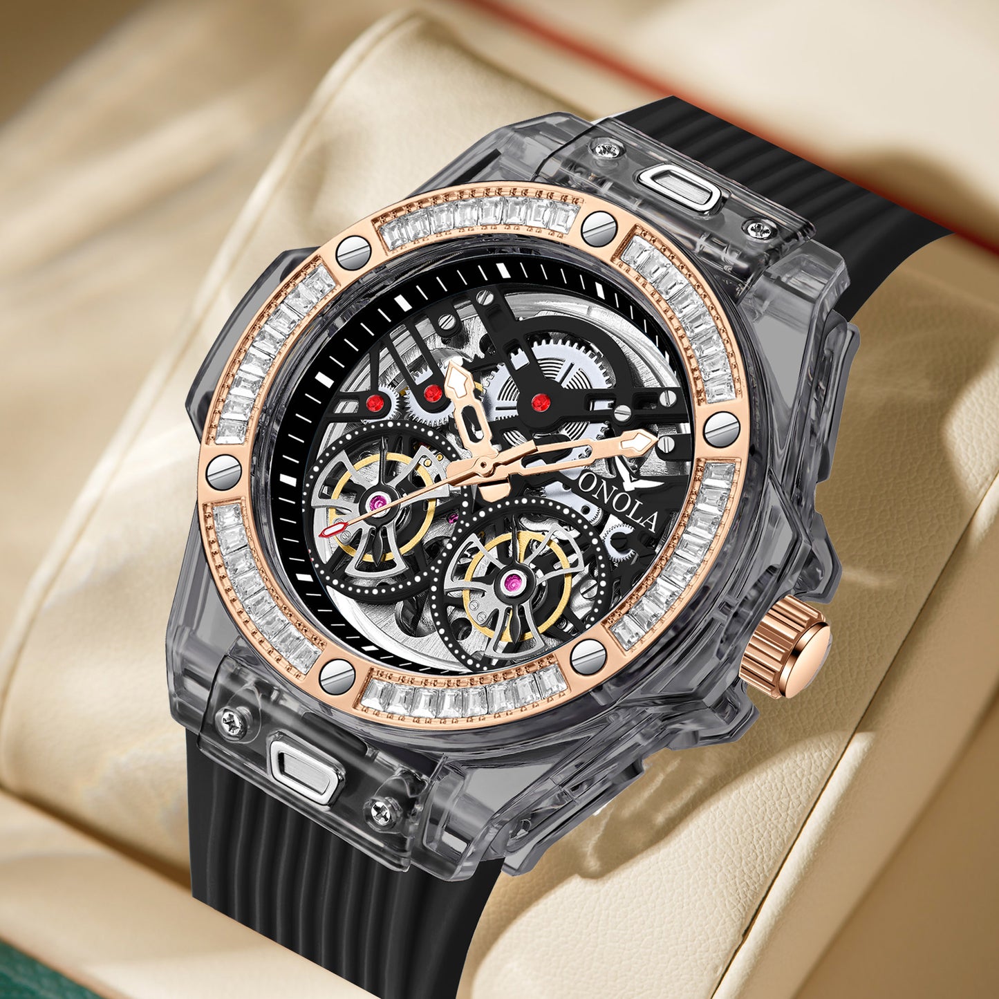 ONOLA-3835D Fashion Sports Mechanical Watch - Waterproof, Case with Flash Diamonds, Perfect Gift Choice