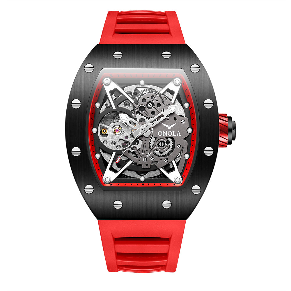 ONOLA-3838 Men's Barrel Mechanical Watch - Hollow dial, glowing, 30 meter waterproof